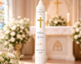 Spersonalizowana świeca chrzcielna | Złota świeca chrzcielna z krzyżem | Świeca chrzcielna dla niemowląt | Spersonalizowana świeca chrzcielna | Pamiątkowy prezent
