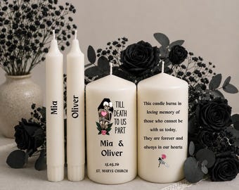 Gothic Hochzeit Einheit Kerzen Set | Bis der Tod uns scheidet Personalisierte Erinnerungskerze | Black Rose Hochzeitskerzen-Set