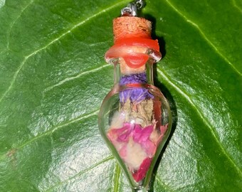 Peut inclure: Un collier avec un flacon en verre, un bouchon en liège et un sceau de cire rouge. Le flacon est rempli de fleurs séchées, dont des pétales roses et violets.