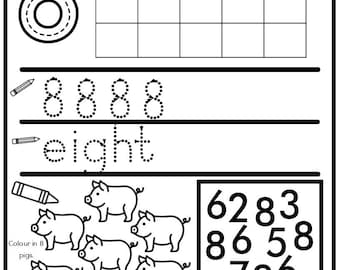 以下が含まれることがあります： 「All about the number eight」と題された白黒のワークシート。ワークシートには、数字の8のトレース、単語「eight」の書き込み、円の描画、8匹の豚の着色、数字のリストで数字の8を囲むことが含まれています。