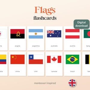BANDIERE - 56 A6 Montessori FlashCards - Stampabili - Inglese