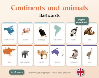 KONTINENTE UND TIERE - 57 A6 Montessori FlashCards - Ausdrucke - Englisch