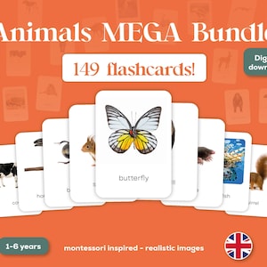 Op de afbeelding: Een set van 149 digitale flashcards met kleurrijke afbeeldingen van dieren, waaronder een vlinder, een eekhoorn, een vis en een koe. De flashcards zijn ontworpen voor kinderen van 1 tot 6 jaar en zijn geïnspireerd op Montessori-onderwijsmethoden.
