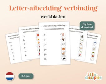May include: A set of printable worksheets for children ages 3-6. The worksheets feature letter-picture matching activities. The worksheets are titled "Letter-afbeelding verbinding" which translates to "Letter-picture connection" in English. The worksheets are designed to help children learn the alphabet and improve their fine motor skills.