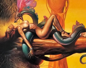 Boris Vallejo, Snake, Naked Woman, Fantasy Art, 1983 Vintage Book Print, Bookplate
