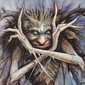 May include: A watercolour illustration of a hobyah, a mythical creature with green eyes, a pointed nose, and long, sharp fingers. The hobyah is depicted with a menacing expression, standing with its arms crossed in front of its chest. The background is a dark, swirling colour.