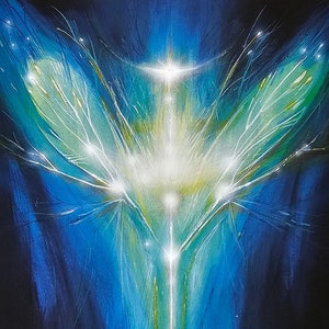 May include: A digital painting of a glowing, white, abstract figure with a blue and green background. The figure is surrounded by a halo of light and has a long, thin, vertical line running down its centre. The text "Gladfly" is written in cursive at the top of the image. The text "A spirit that joyously dances in the moonlight on the surfaces of lakes and ponds." is written at the bottom of the image.