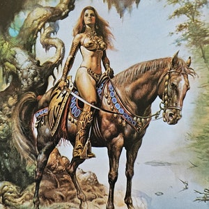 Boris Vallejo, Warrior Woman Sitting on Horse, Fantasy Art, Science Fiction, 1979 Vintage Book Print, Bookplate