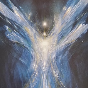 May include: An artistic print titled "Healing Goddess" shows a radiant figure with outstretched wings, in blue and white hues. The artwork suggests spiritual healing and regeneration, with the text at the top reading "Healing Goddess".