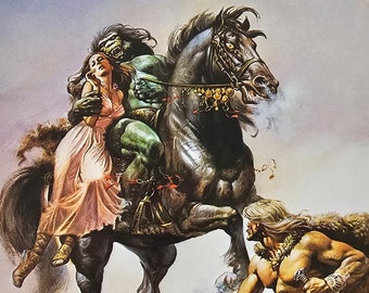 Boris Vallejo, Monstruo a caballo, Arte fantástico, Impresión de libro vintage de 1979, Ex libris
