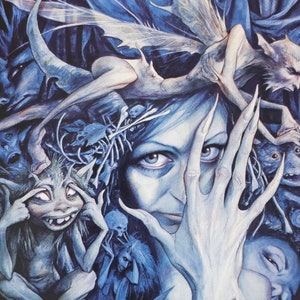 May include: A blue-toned fantasy art print depicting a central female figure with a raised hand, surrounded by mythical creatures. The artwork creates a mystical atmosphere, with detailed illustrations of fairies and grotesque faces, evoking a sense of the otherworldly.