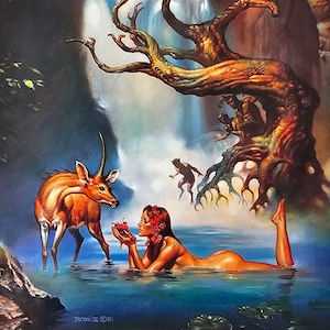 Boris Vallejo, waterval, mooie vrouw, hert, fantasykunst, vintage boek afdrukken 1983, ex-libris