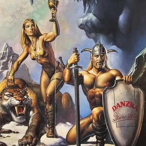 Boris Vallejo, Krieger, Säbelzahntiger, Fantasy Kunst, 1999 Vintage Buchdruck, Exlibris