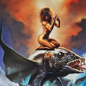 Boris Vallejo, Riesen Dämonenfisch, Fantasy Kunst, 1999 Vintage Buchdruck, Exlibris