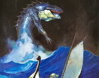Frank Frazetta, Sea Monster, Creature, Ocean,  Boat, Fantasy Art, 1999 Vintage Book Plate, Print