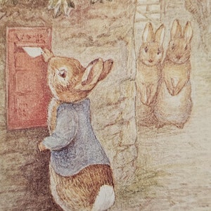 Beatrix Potter, El cuento de Peter Rabbit, Conejito enviando carta, postal vintage de 1991