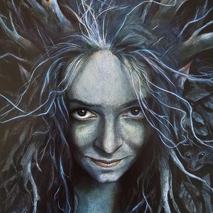 May include: A woman with long, dark hair and blue eyes looks directly at the viewer. Her hair is interwoven with branches and vines, and she has a faint smile on her face.
