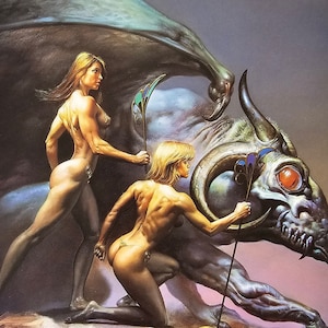 Boris Vallejo, vrouwelijke krijgers, vliegende demon, fantasykunst, vintage boekdruk 1999, ex-libris