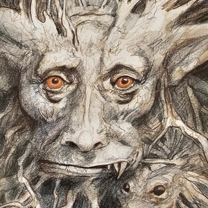 May include: A detailed pencil drawing of a tree spirit with a human-like face and a large mouth with sharp teeth. The spirit is surrounded by roots and branches, and its eyes are a bright orange.
