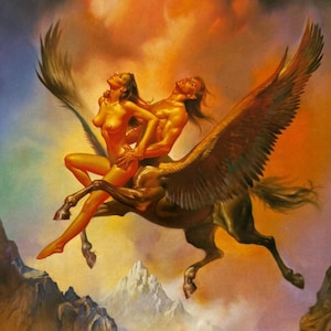 Boris Vallejo, Fliegender Dämon mit Körper eines Pferdes, Fantasy Kunst, 1983 Vintage Buchdruck, Exlibris