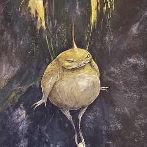 May include: A watercolour painting of a brown toad with yellow accents, standing on one leg with a small white orb beneath it. The toad has a large, round body and a small head with a pointed snout. The background is a dark purple with hints of gold.