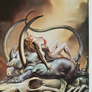 Boris Vallejo, Dämon mit Hörnern, Skelett, Fantasy Kunst, 1999 Vintage Buchdruck, Exlibris