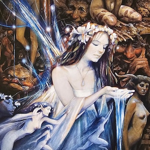 May include: A painting depicting a group of fairies in a woodland setting. The fairies have wings and flowing hair, and are surrounded by trees, flowers and other natural elements. The painting is done in a whimsical style with vibrant colours.