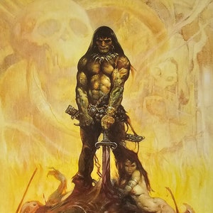 Frank Frazetta, Warrior holding Sword, Fantasy Art, 1999 Vintage Book Print, Bookplate