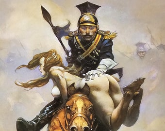 Frank Frazetta, Flashman at the Charge, Mujer desnuda, Caballo, Arte fantástico, Placa de libro vintage de 1999, Impresión