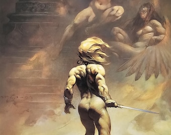 Frank Frazetta, Paradoja, Guerrero, Mujeres Desnudas, Arte Fantasía, Placa de libro vintage de 1999, Impresión