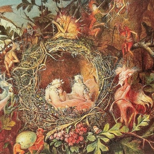 Feeën in een nest, fantasyart, vintage ansichtkaart 1994