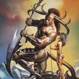 Boris Vallejo, Male and Female Warrior, Fantasy Art, 1983 Vintage Book Print, Bookplate
