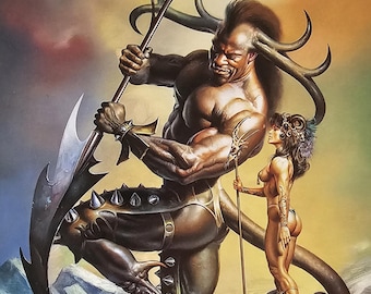 Boris Vallejo, guerrero masculino y femenino, arte fantástico, impresión de libro vintage de 1983, ex libris