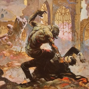 May include: A werewolf attacks a vampire in a ruined gothic cathedral setting. The werewolf is green and has sharp teeth and claws. The vampire is wearing a black coat and has a pale face. The background is a dark and stormy sky with a crumbling castle in the distance.