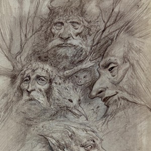 May include: A black and white pencil drawing of four fantastical creatures with human-like features. The creatures have horns, pointed ears, and beards. The drawing is on a white background.