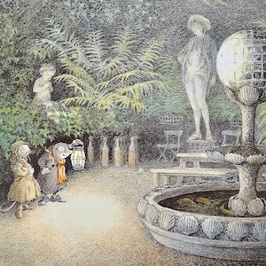 The Wind in the Willows, Ratty, Mole, Garden Fountain, Inga Moore, 2000 Vintage Book Print, Bookplate