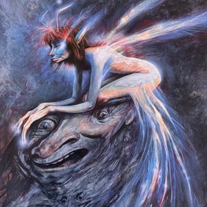 May include: An illustration depicting a fantasy scene. A blue-skinned humanoid figure with red hair and glowing wings sits on a large, stone-like face. The artwork features a dark, textured background with highlights of blue and orange.