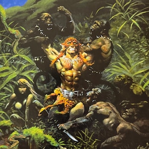 May include: A dynamic illustration shows a muscular figure in a tiger-striped loincloth and mask, surrounded by ape-like creatures in a jungle setting. The artwork features vibrant colours and dynamic poses, with a woman in the background.