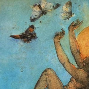 Fées, fée jouant avec des papillons, art fantastique, carte postale vintage 1994