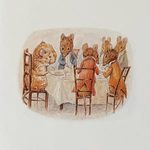 Beatrix Potter, Johnny Town House, Rato, Camundongos sentados à mesa de jantar, impressão de livro vintage de 1987, ex-libris (muito pequeno)