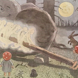 Elves, Forest Children, Rabbits, Fairies, Elsa Beskow, Nursery, 1975 Vintage Book Print, Bookplate