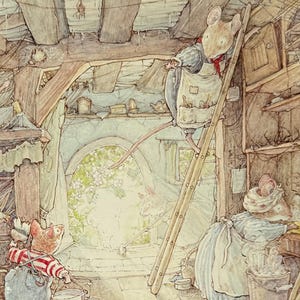 Seto de Brambly, Yo y la señora Apple limpian la cabaña Mayblossom, Ratón, ratones, impresión de libro vintage de 1999, ex libris