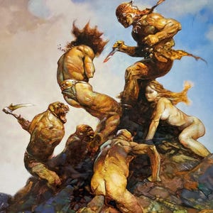 May include: A dramatic fantasy painting shows several muscular figures in a struggle. One figure, with a leopard-like pattern, holds a knife. Others are engaged in combat, set against a backdrop of a cloudy sky and rocky terrain. The artwork is signed.