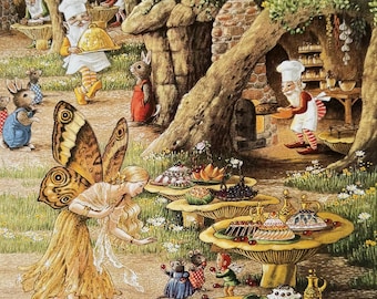 Shirley Barber, Faeries, Fairy, Fairies, Picnic, Food, Fantasy Art, 2004 Vintage Book Print, Bookplate