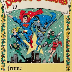 Superman, Batman, Plastic Man, Flèche verte, Meilleurs voeux, DC Comics, super-héros, 1981, carte postale vintage