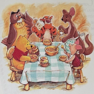 Winnie the Pooh Serving Honey, Tigger, Owl, Roo, Piglet, Disney, 2000 Vintage Book Print, Bookplate