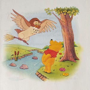 Winnie the Pooh Talking With Owl, River, Disney, 2000 Vintage Book Print, Bookplate