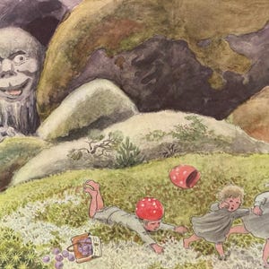 Elves, Forest Children Running From Giant Monster, Elsa Beskow, Nursery, 1975 Vintage Book Print, Bookplate