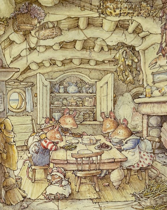 Brambly Hedge, Mice Sitting Around Table Eating Food, 1999 Vintage