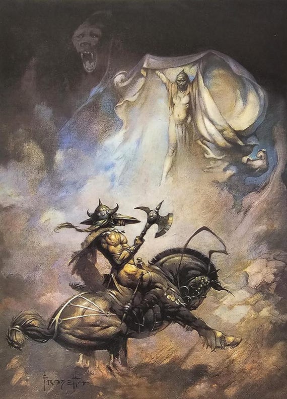 Frank Frazetta, Warrior Sitting on Horse Holding Axe, Fantasy Art